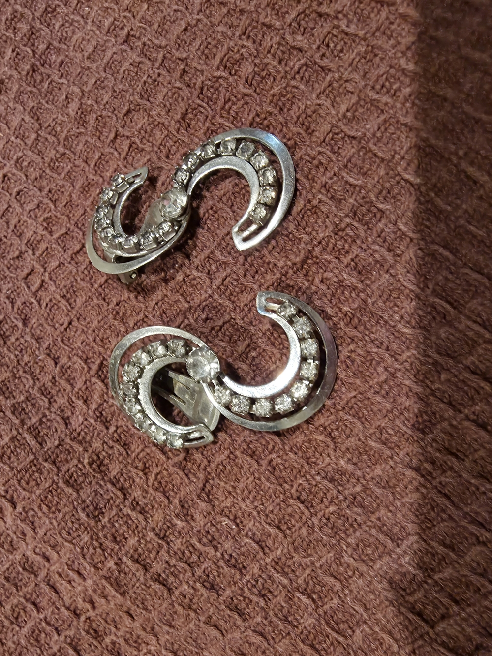 Vintage Silver Crystal Crescent Clip-On Earrings - Unbranded